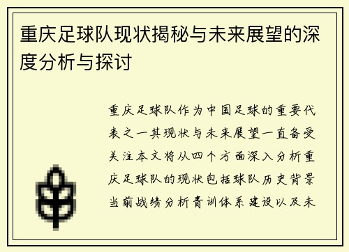 重庆足球队现状揭秘与未来展望的深度分析与探讨